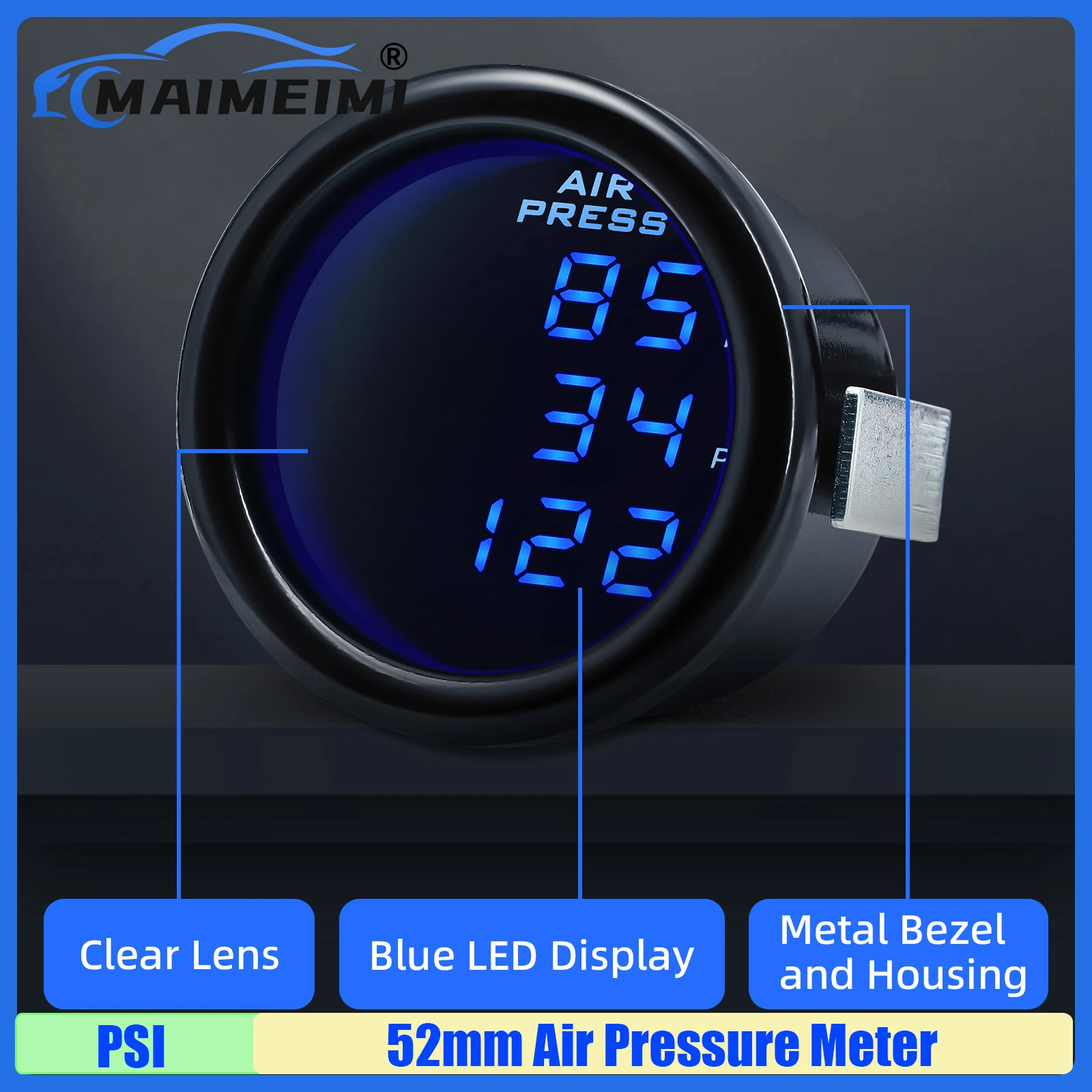 MAIMEIMI BLUE LED Digital 52mm Air Pressure Meter with Sensor Press Gauge+3PCS Sensor 0-100PSI Air Suspension Air Press Meter