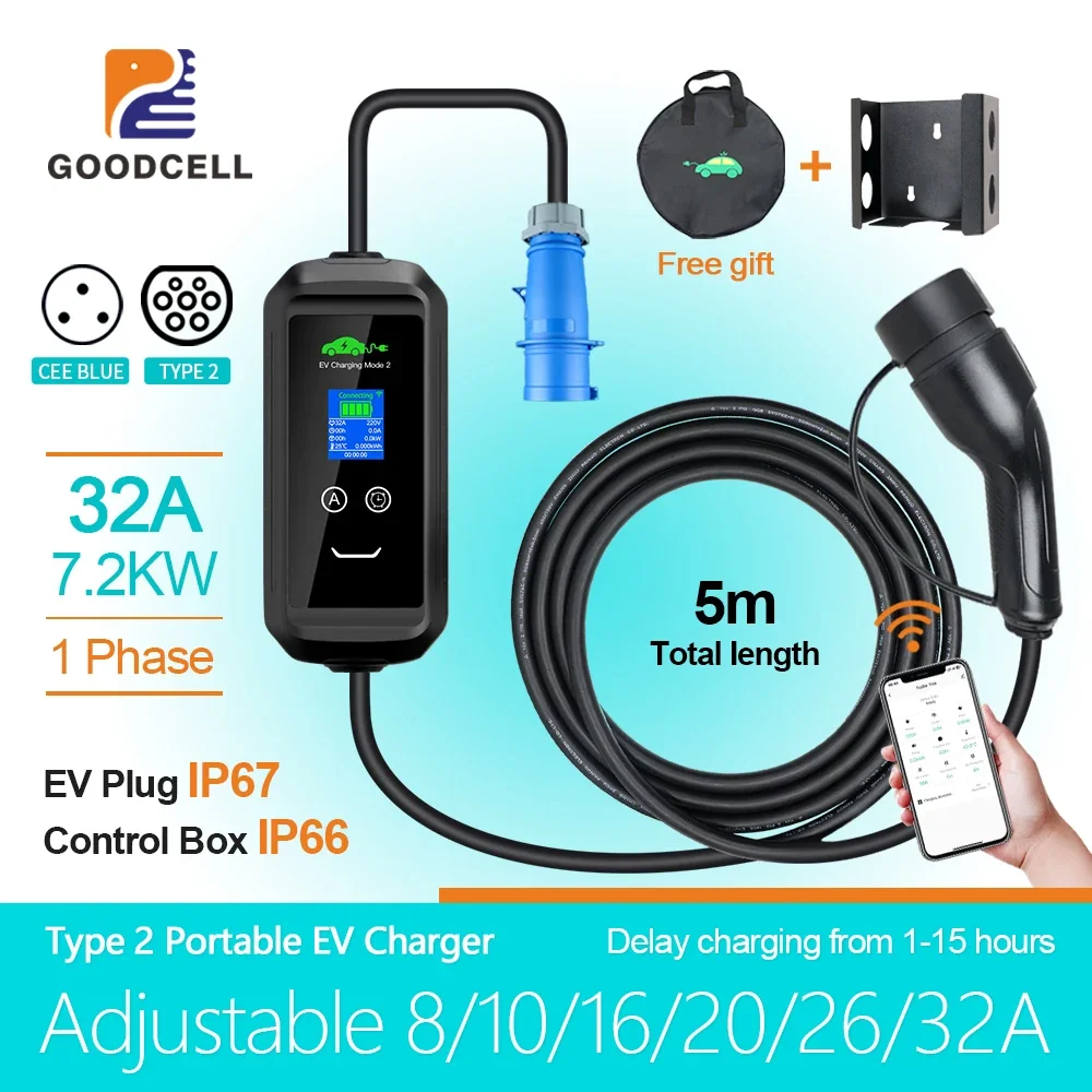 Goodcell 5M Type2 32A 7KW Portable EV Charger 11KW 16A 3 Phase Wi-Fi APP Control EVSE Charging Cable 10m for Electric Car