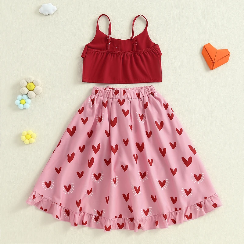 Kids Girl 2 Piece Outfit Sleeveless Camisole and Heart Print High Low Ruffles Skort Set for Toddler Girls Summer Clothes