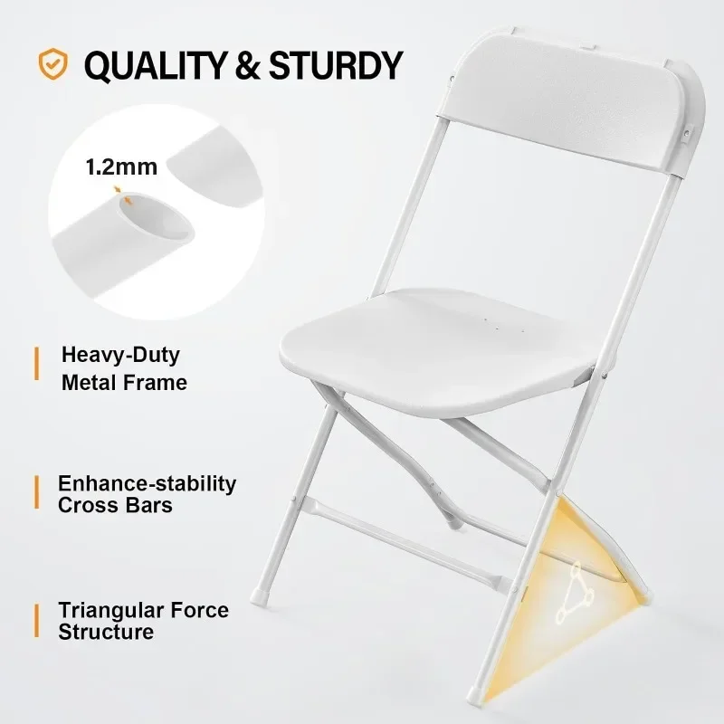 Silla plegable de plástico blanco para interiores y exteriores, asiento comercial apilable portátil con marco de acero, 350lb, paquete de 10