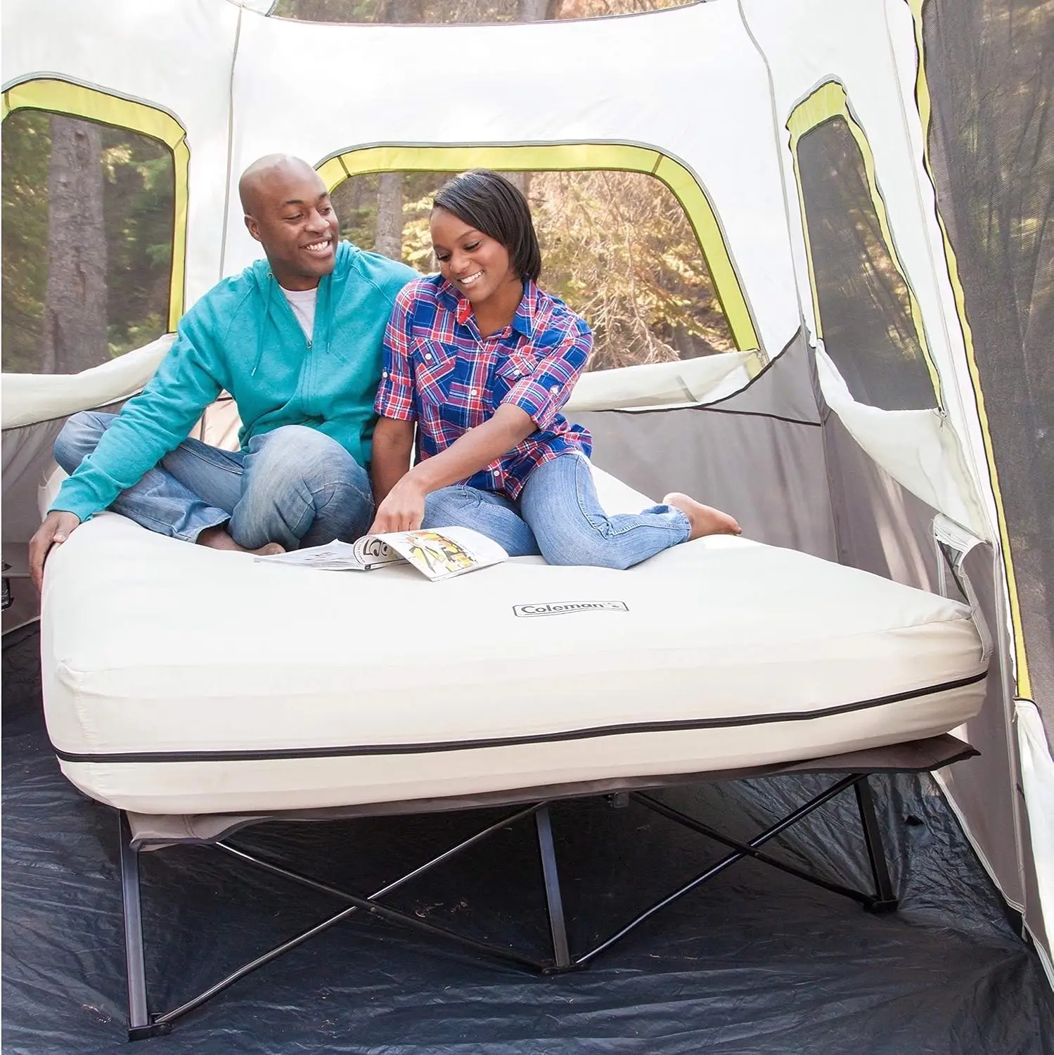 Queen Air Mattress and Cot Combo, Portable Folding Airbed with Steel Frame and Side Table, Battery-Operated Pump Included, Ideal for Camping, Relaxing, Raised Sleeping, Houseguests, and More