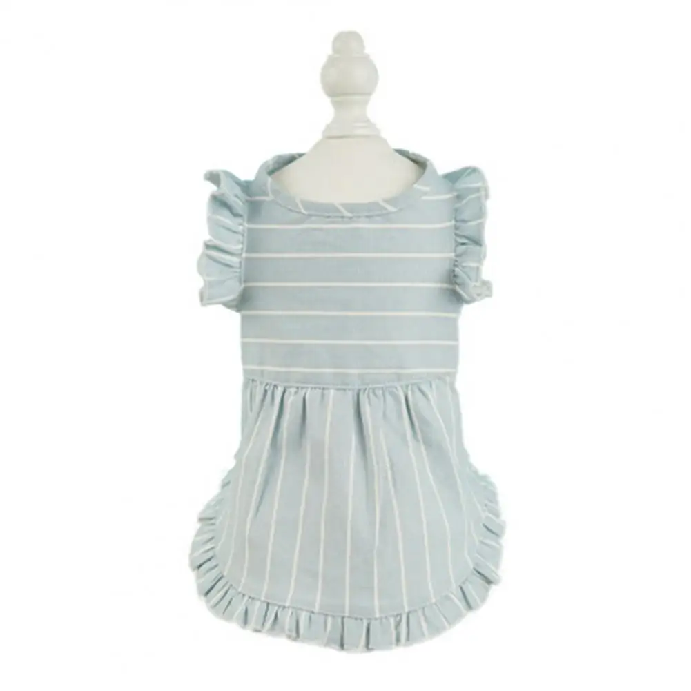 Pet Sundress Flying Sleeves Ruffled Hem Striped Pleated Button Closure Two-legged Spring Summer Small Dog Puppy Cat Clothes for