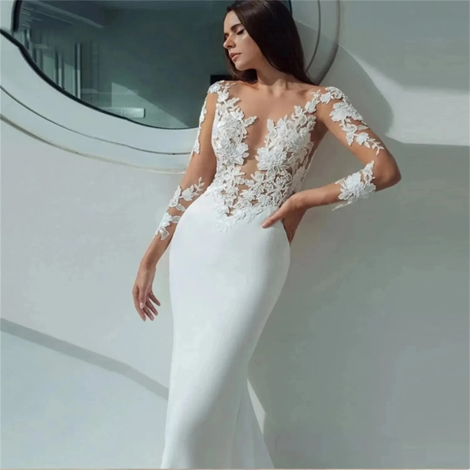 Vestido De Noiva Romântico Lace Applique, Manga Comprida, Vestido De Casamento De Praia De Ilusão, Vestido De Noiva