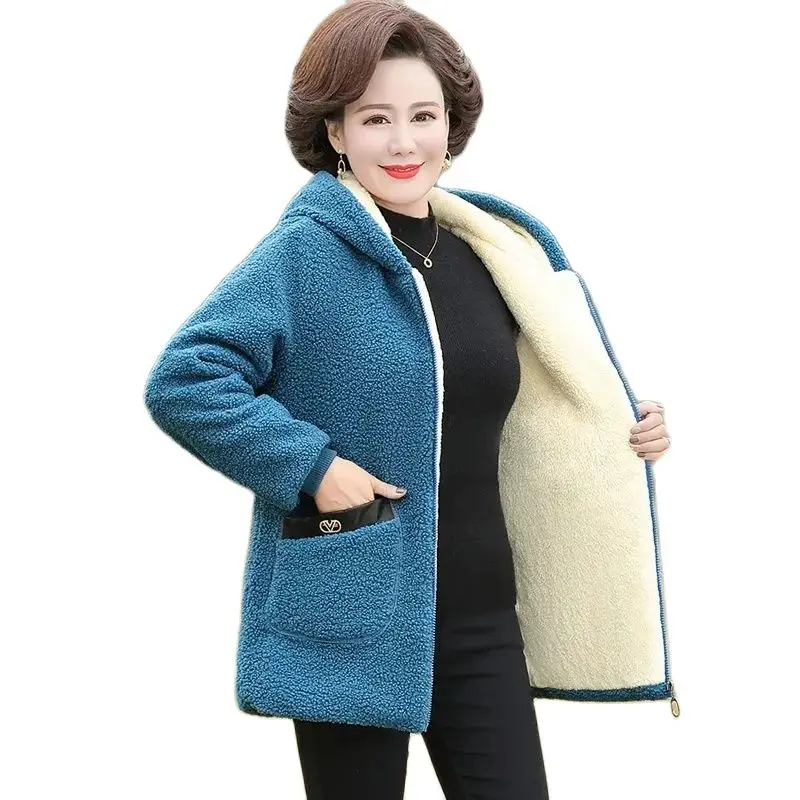 

Mom Winter Lamb Fleece Warm Cotton-padded Clothes Fashion Middle-aged And Elderly Ladies Granular Velvet Hooded Loose Thick Coat