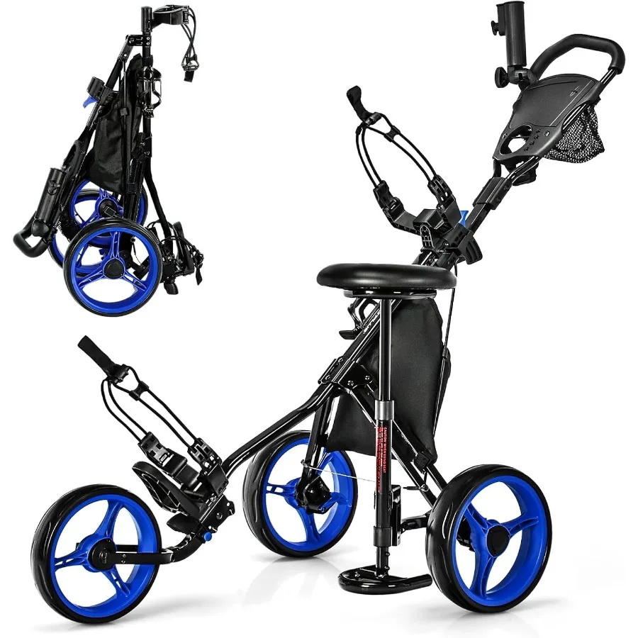 ULTIMATE 3 عجلة جولف دفع سحب عربة طوي خفيفة الوزن حقيبة جولف عربة ث/مقعد قابل للتعديل ومقبض حامل بطاقة النتائج مظلة