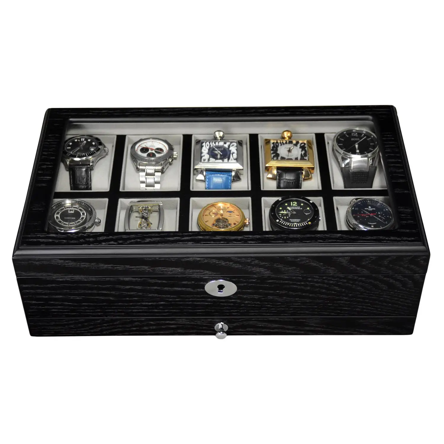 10 slots Veneer Watch Case Automatic Watch Box Lockable Watch Storage Boxes Jewelry Organizer Watch Showcase with Glass Lid