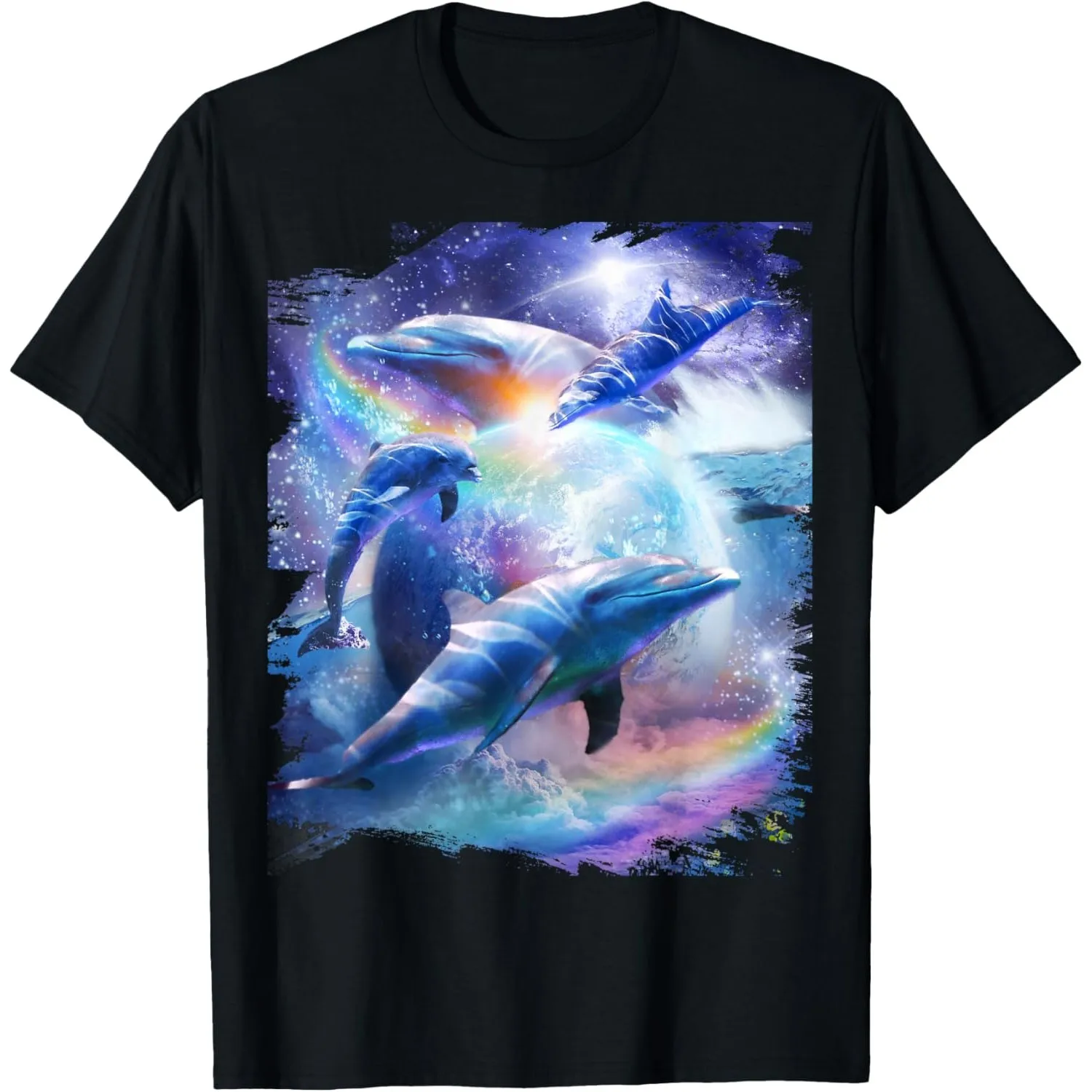 Galaxy Dolphin Print Men's Graphic Tee Round Neck Short Sleeve Casual T-Shirt