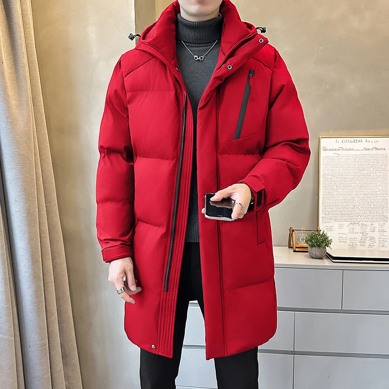 

Red Thiened Long Cotton Jaet for Men with Hood Warm Casual Outerwear for New Year Celebration Stand Fit Winter Coat