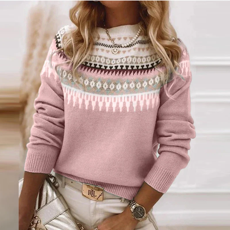 Retro żakardowy nadruk dzianina sweter damski jesień elegancki O Neck dzianinowy top sweter zimowa z długim rękawem ciepła odzież damska