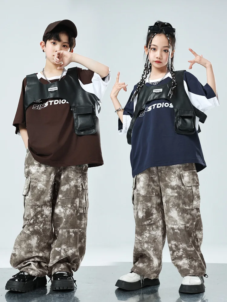 

Kid Hip Hop Clothing Letter Navy Blue T Shirt Khaki Camouflage Casual Cargo Baggy Pants for Girl Boy Jazz Dance Costume Clothes
