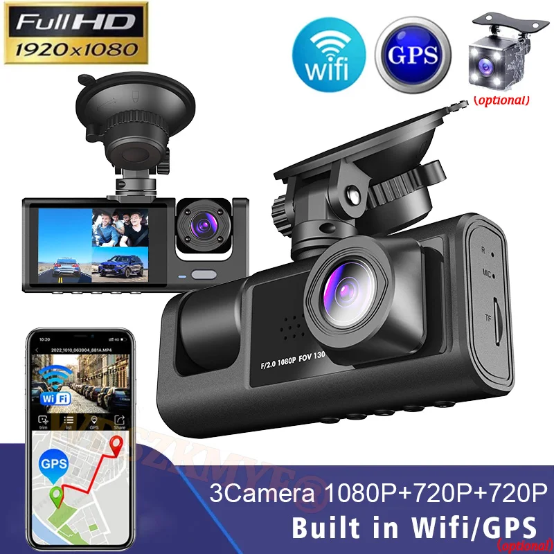 Dash Cam a 3 canali 1080P per auto WIFI GPS Car DVR videoregistratore Dual-Len telecamera anteriore e interna e posteriore visione notturna G-Sesor