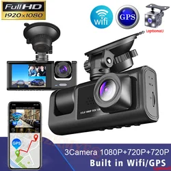 Dash Cam a 3 canali 1080P per auto WIFI GPS Car DVR videoregistratore Dual-Len telecamera anteriore e interna e posteriore visione notturna G-Sesor Dashcam