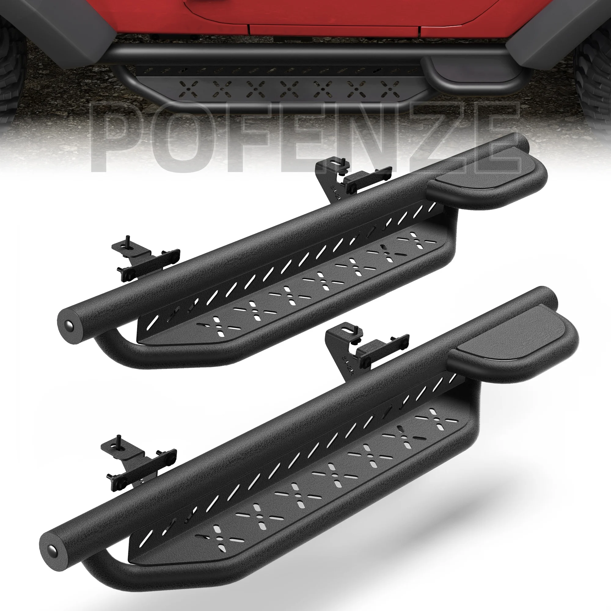 Crew Cab Running Boards Compatible with 2007-2018 Jeep Wrangler JK 2 Doors Only,Two Stairs Step,Powder-Coated