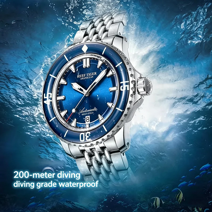 Reef Tiger Men's Automatic Mechanical Dive Watch Sapphire Crystal Stainless Steel Bracelet Luminous Waterproof