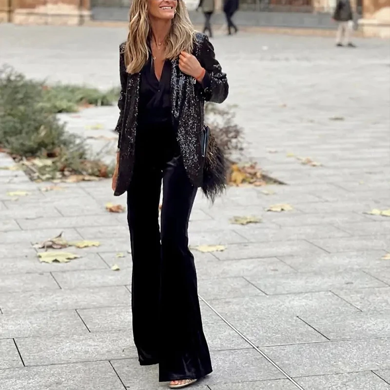 Elegante giacca con paillettes a maniche lunghe con colletto bavero da donna cardigan allentato argento/nero blazer lucidi cappotto giacca da sera