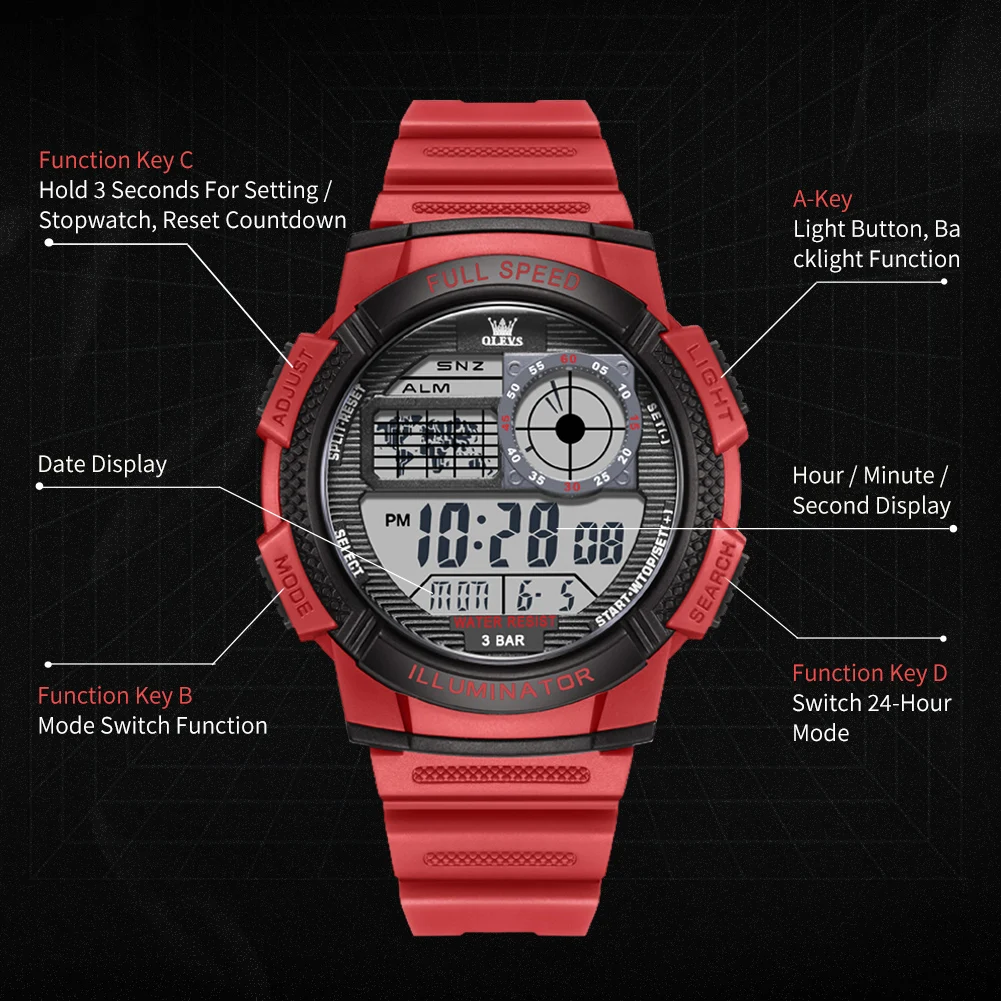 OLEVS Men Digital Watch Retro Square Electronic Wristwatch Waterproof Sport Watch Multifunctional Stopwatch Clock Top Brand 1123