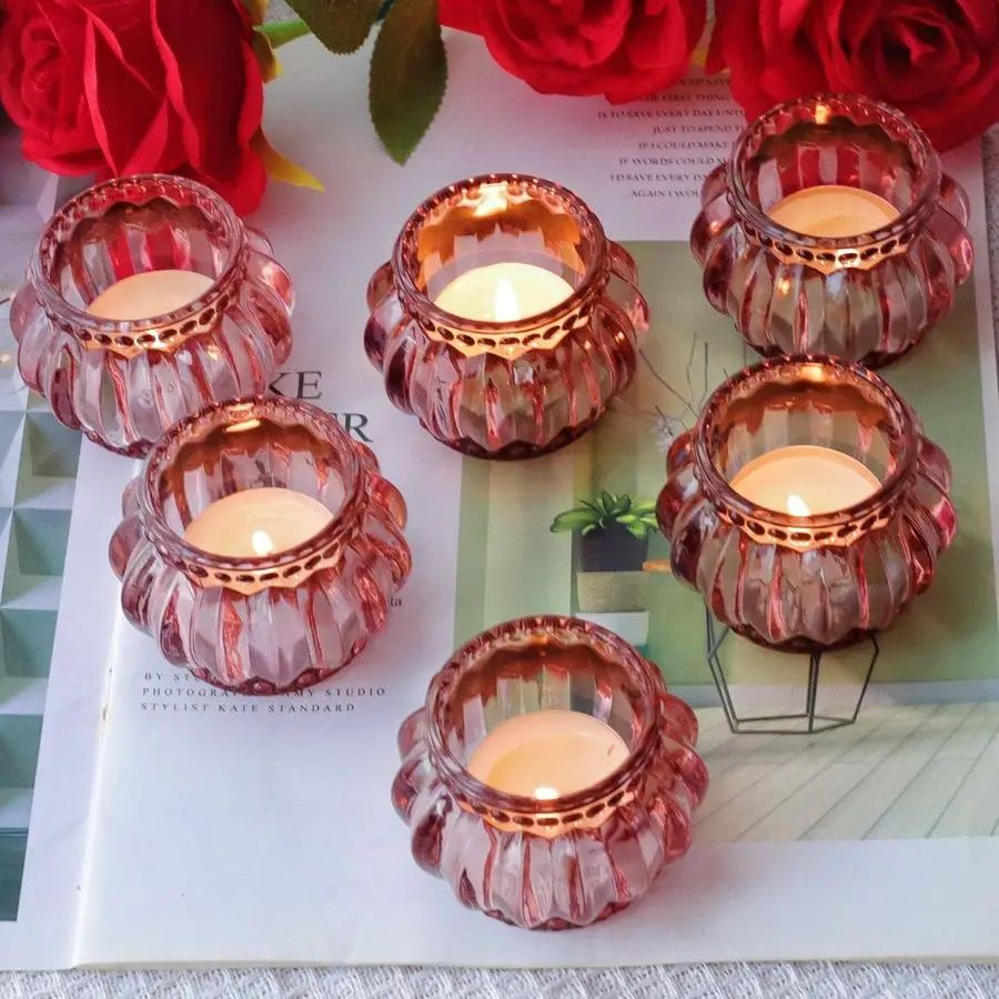 

12pcs Rose Gold Tea Lights Candle Holder for Wedding Party, Glass Tealight Candle Holder for Valentines Day Decor, Votive Candle