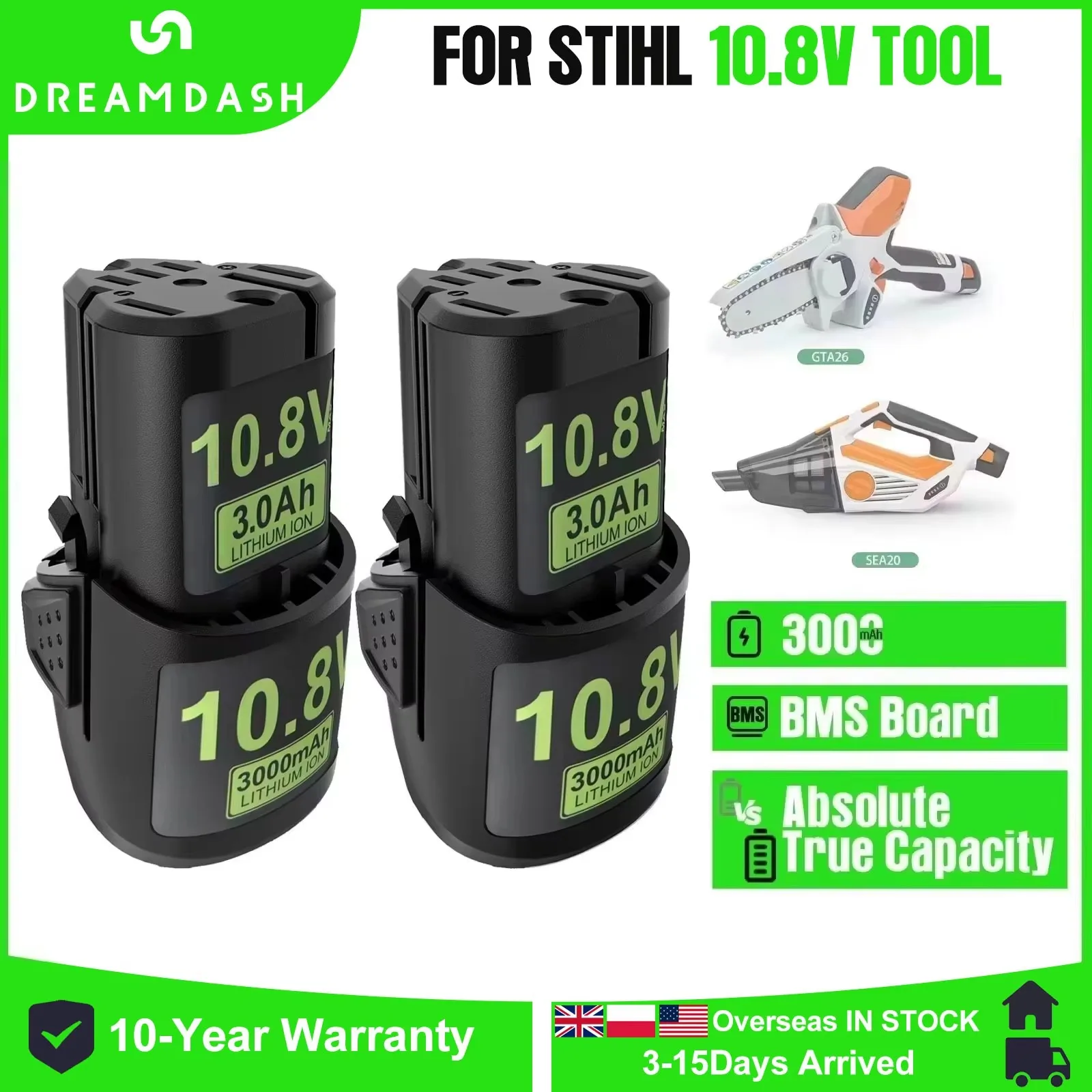 Dreamdash 10,8 V 3000mAh batería de iones de litio Compatible con STIHL GTA 26 /SEA 20/HSA 26/AS2 10,8 V herramientas eléctricas de batería