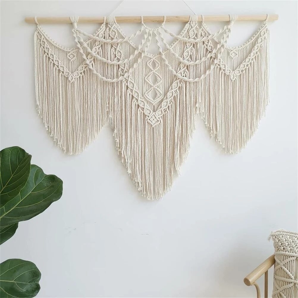 Large Macrame Wall Hanging Tapestry with Wooden Stick Hand-Woven Bohemia Tassel Curtain Tapestry Wedding Backgrou Boho Decor