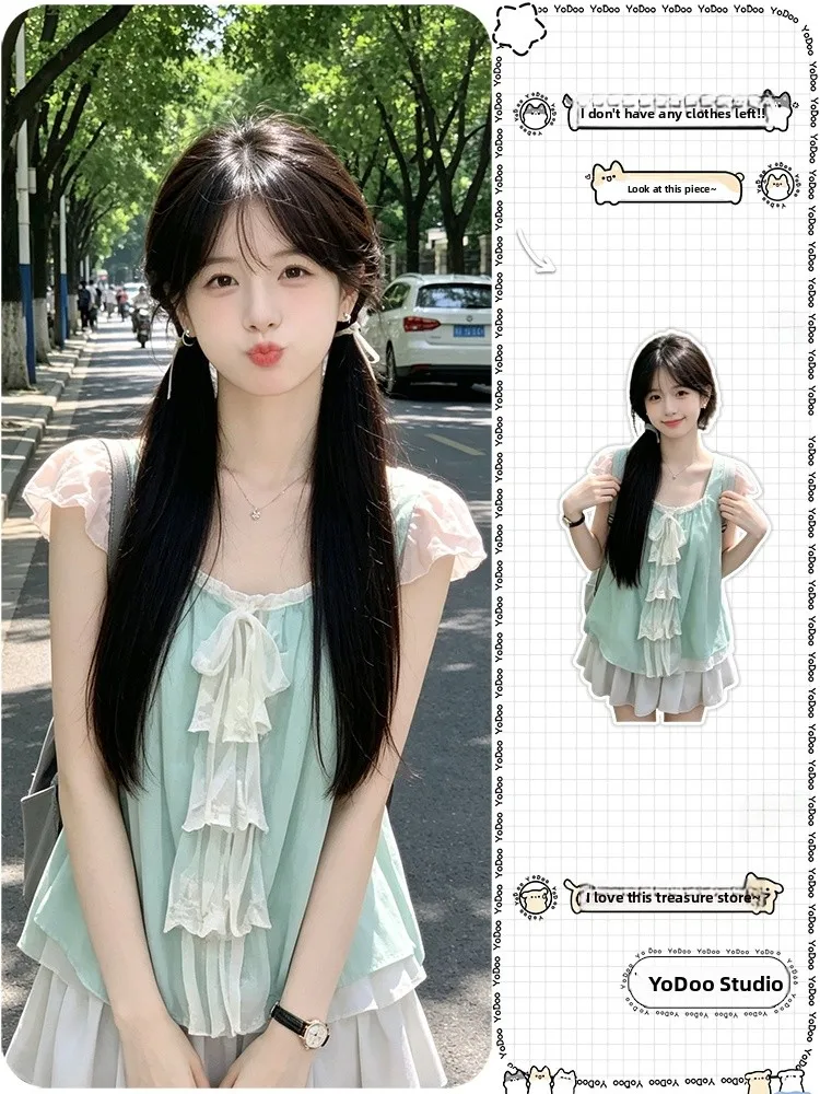

Cute Sweet Sister Short Skirt Set Small Size Two Piece Suite Summer Adorable Girl Style Initial Pure Milk Sweet Outfit