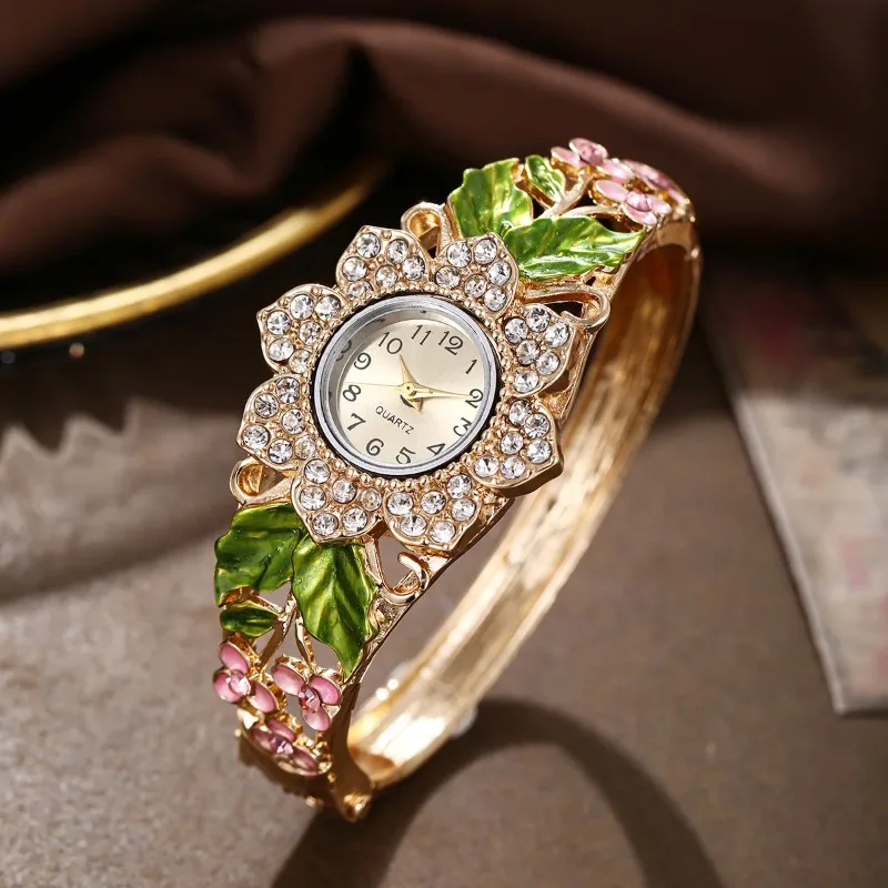 

Women Lady Luxury Crystal Colored Alloy Flower Bangle Bracelet Gold Quartz Watch Office Dress Wristwatch