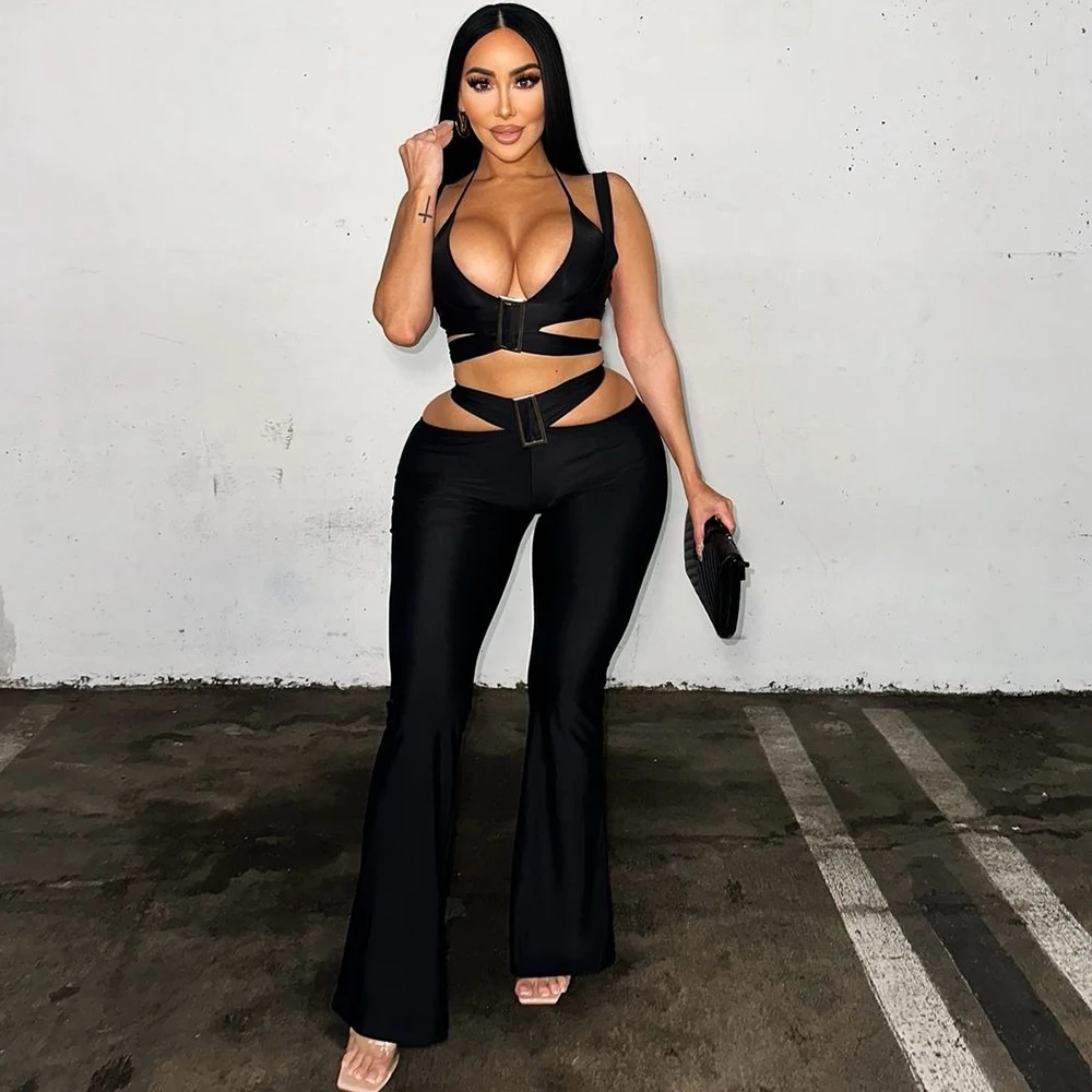 Sexy Party Bandage Two Piece Set Women Low Cut Crop Top And High Waist Hollow Out Flare Pants 2024 Summer Night Club Clothes