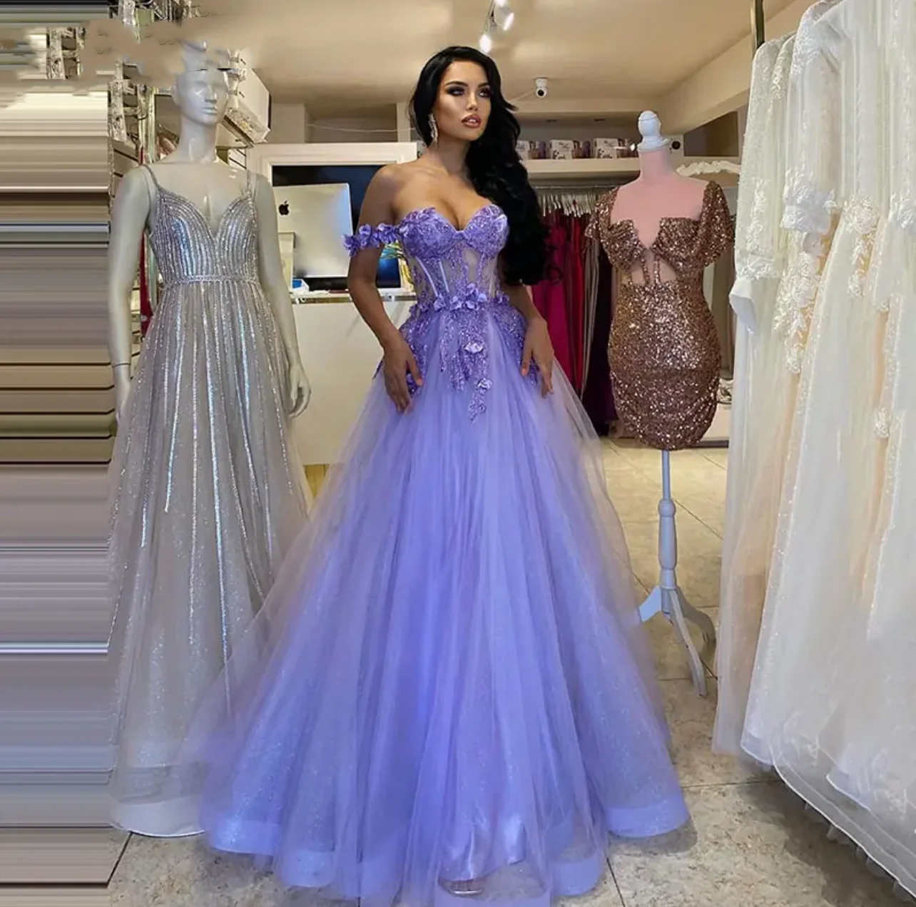 Dathy Violet Glitter Tulle Prom Dresses Off The Shoulder Lace Flower Beads Corset Evening Gown Formal Party Dress