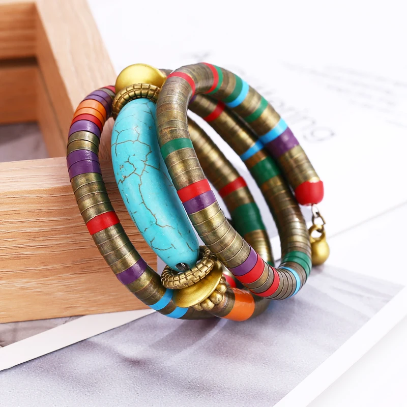 Fashion Vintage Natural Stone Colorful Snake Bangles Bracelets For Women Multilayer Metal Bracelet Jewelry Indian