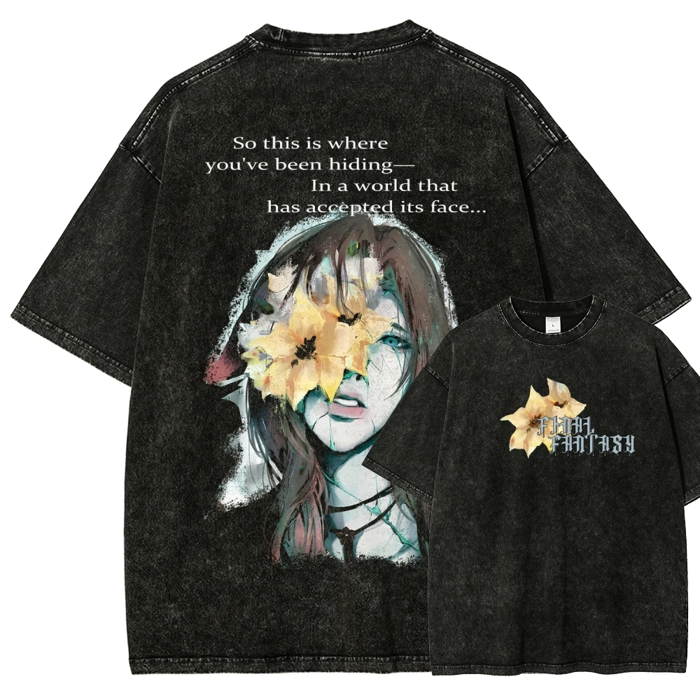 Vintage Washed Cotton T-Shirt Final Fantasy VII Sephiroth Anime Game Graphic Tee Men Loose Streetwear Casual Short Sleeve Tops