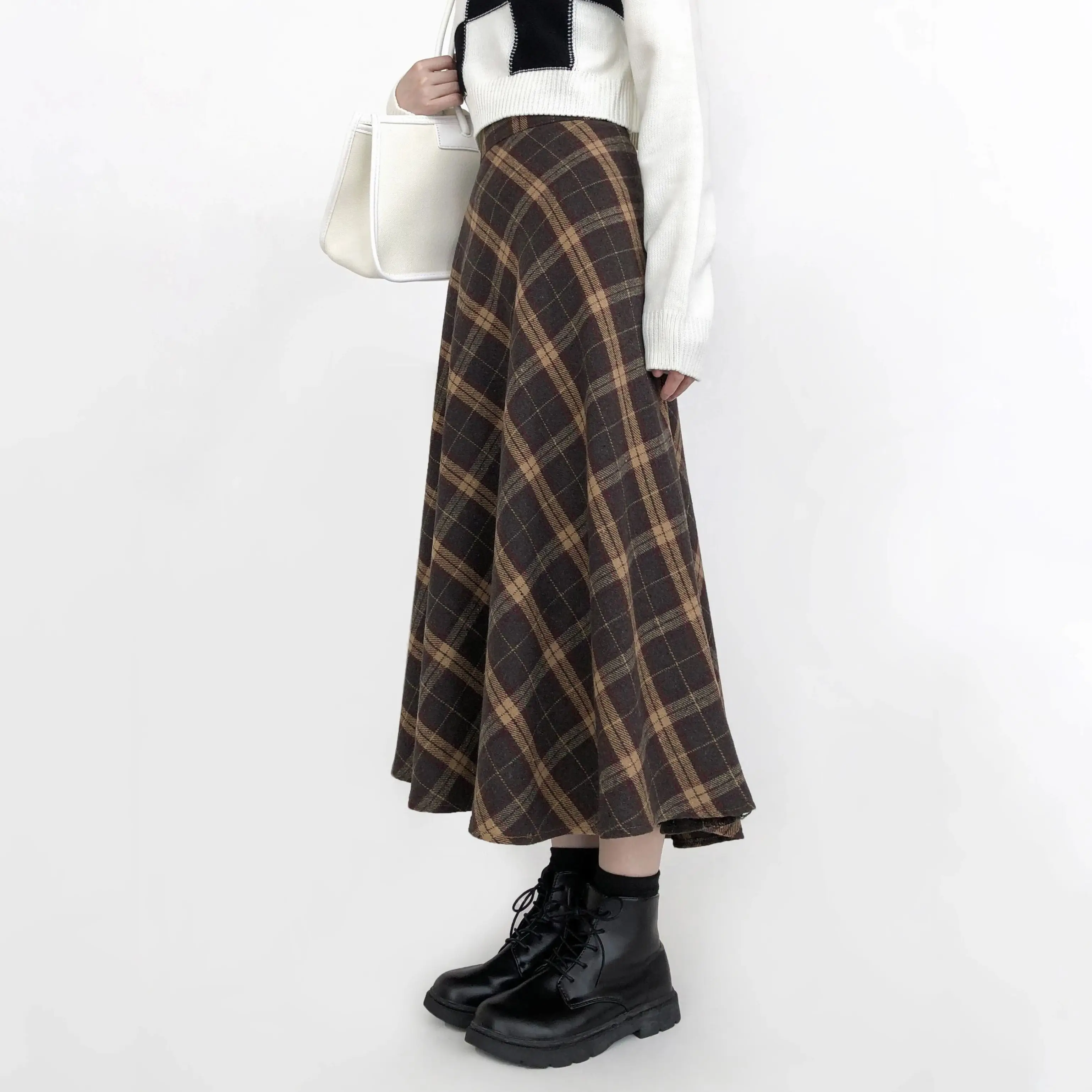 

Осенне-зимняя женская юбка с высокой талией, клетчатая шерстяная юбка трапециевидной формы, новинка 2025 года, повседневные свободные юбки до середины икры