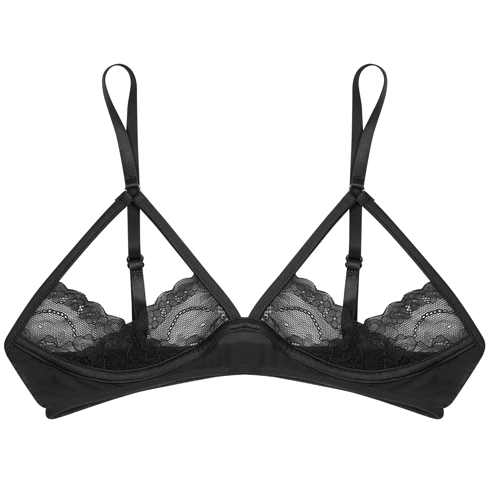 Sutiã de gaiola sexy sem cupless feminino, cintas de espaguete, ver através do laço, malha pura bralette, wirefree, sem forro sutiã top