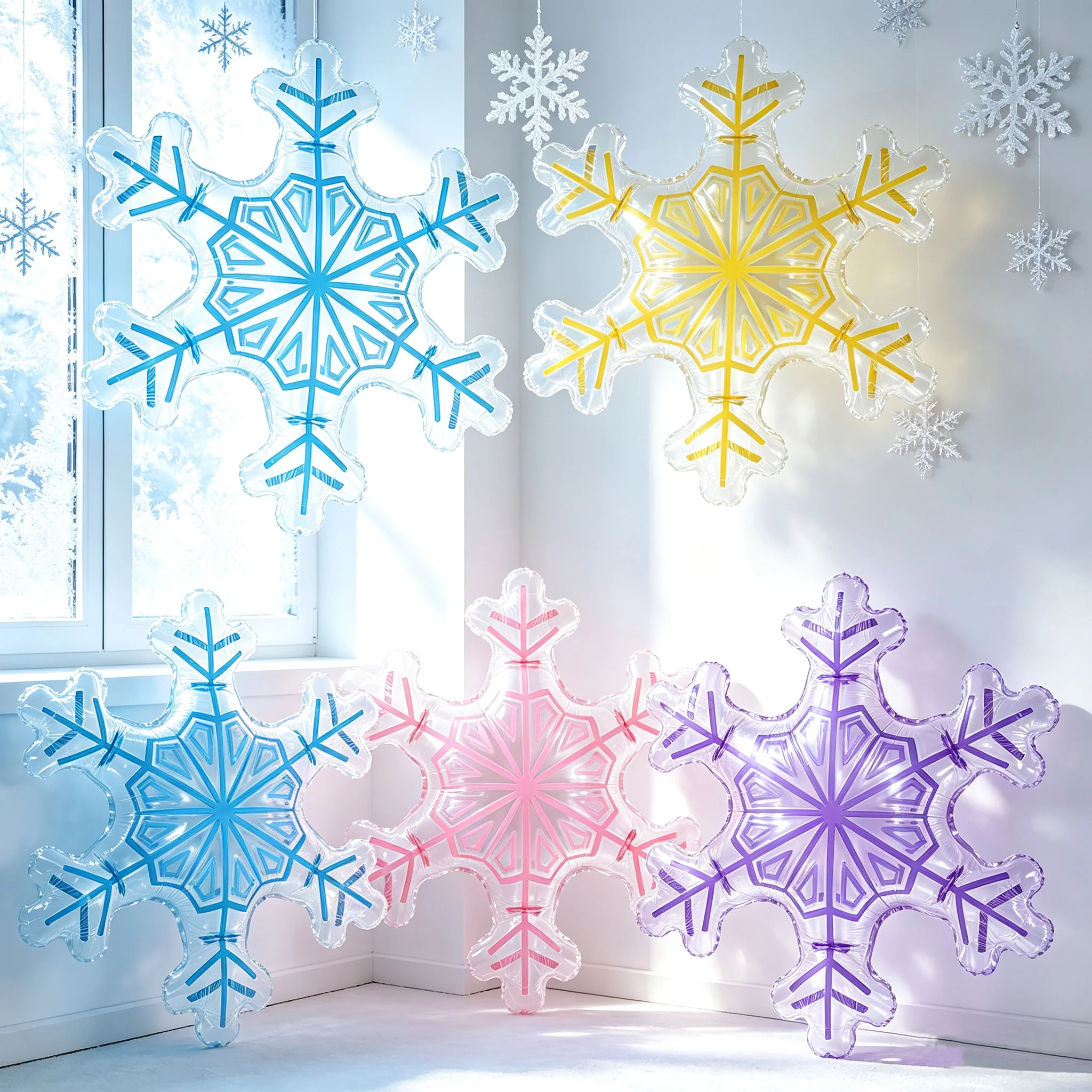 Snow Balloons Christmas Balloons White Pink Blue Yellow Green Purple Snowflake Balloons Winter Theme Birthday Decor Party Ballon