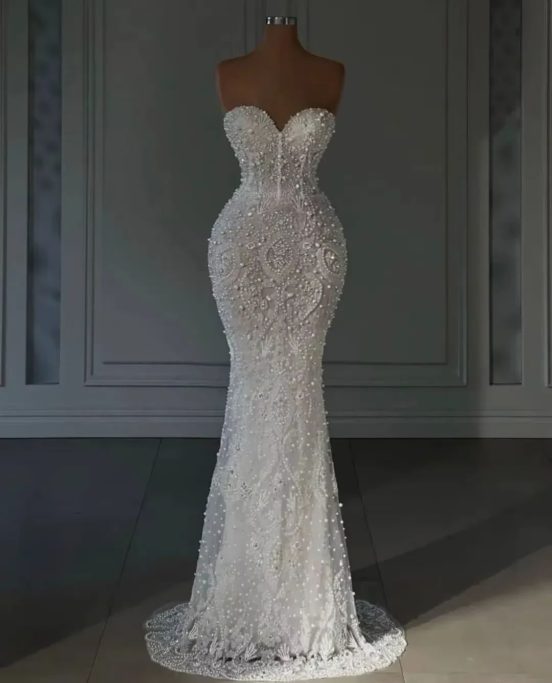 

Luxury Sweetheart Mermaid Wedding Dress Sleeveless Lace Slimming Bridal Dress Pearl Sparkle Off Shoulder Robe Customization