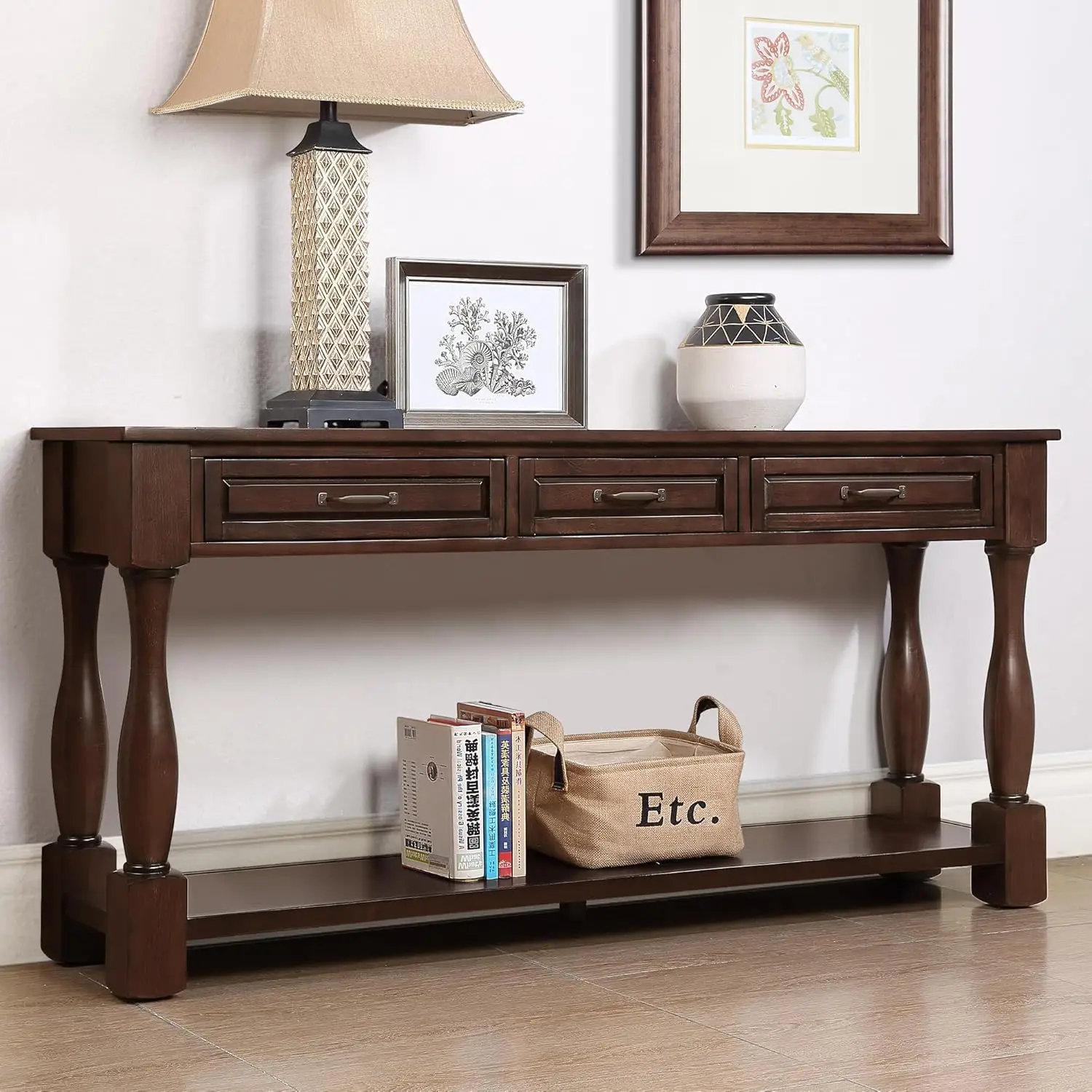 P Purlove Console Table For Entryway, Antique Style Wood Sofa Table With Storage Drawers And Bottom Shelf For Hallway Living