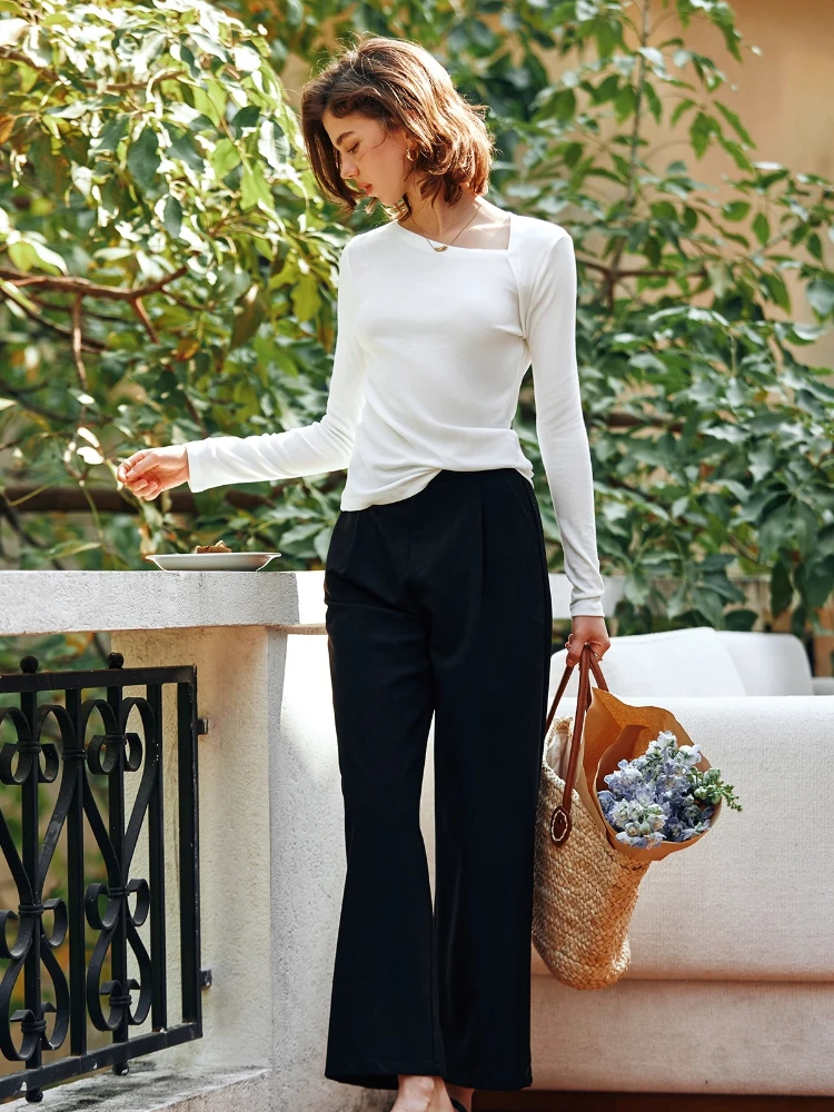 OLrain Women Elegant Tees 2025 New Autumn Solid Slim Fit Long-sleeved T-shirts Commute Asymmetrical Neck Female Tops O57QT95638