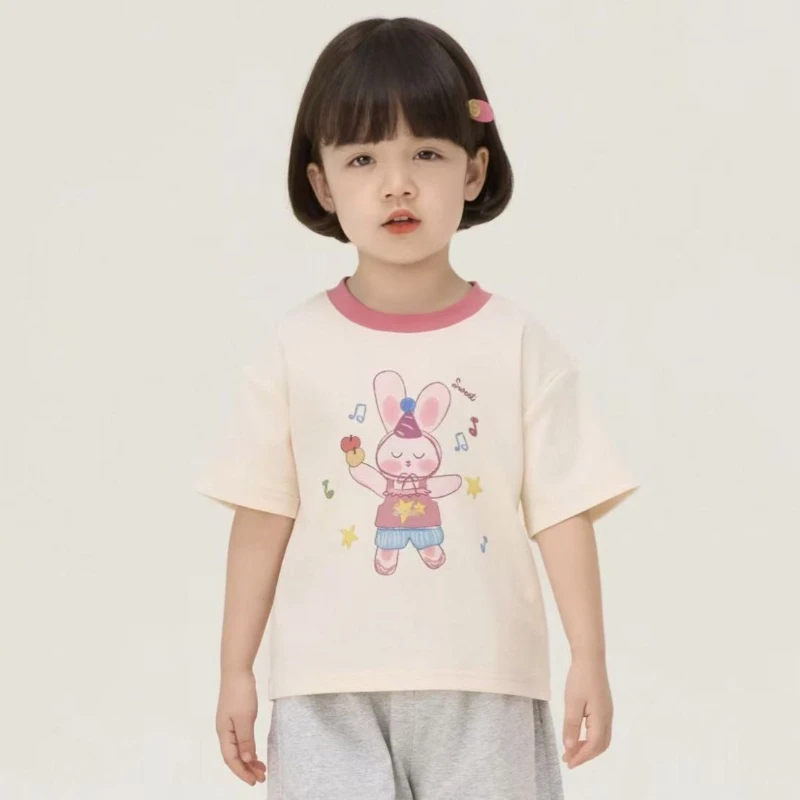 Sweet Cartoon Printed Short Sleeved T-shirt for Girls 2026 Summer Color Blocking Round Neck Stylish