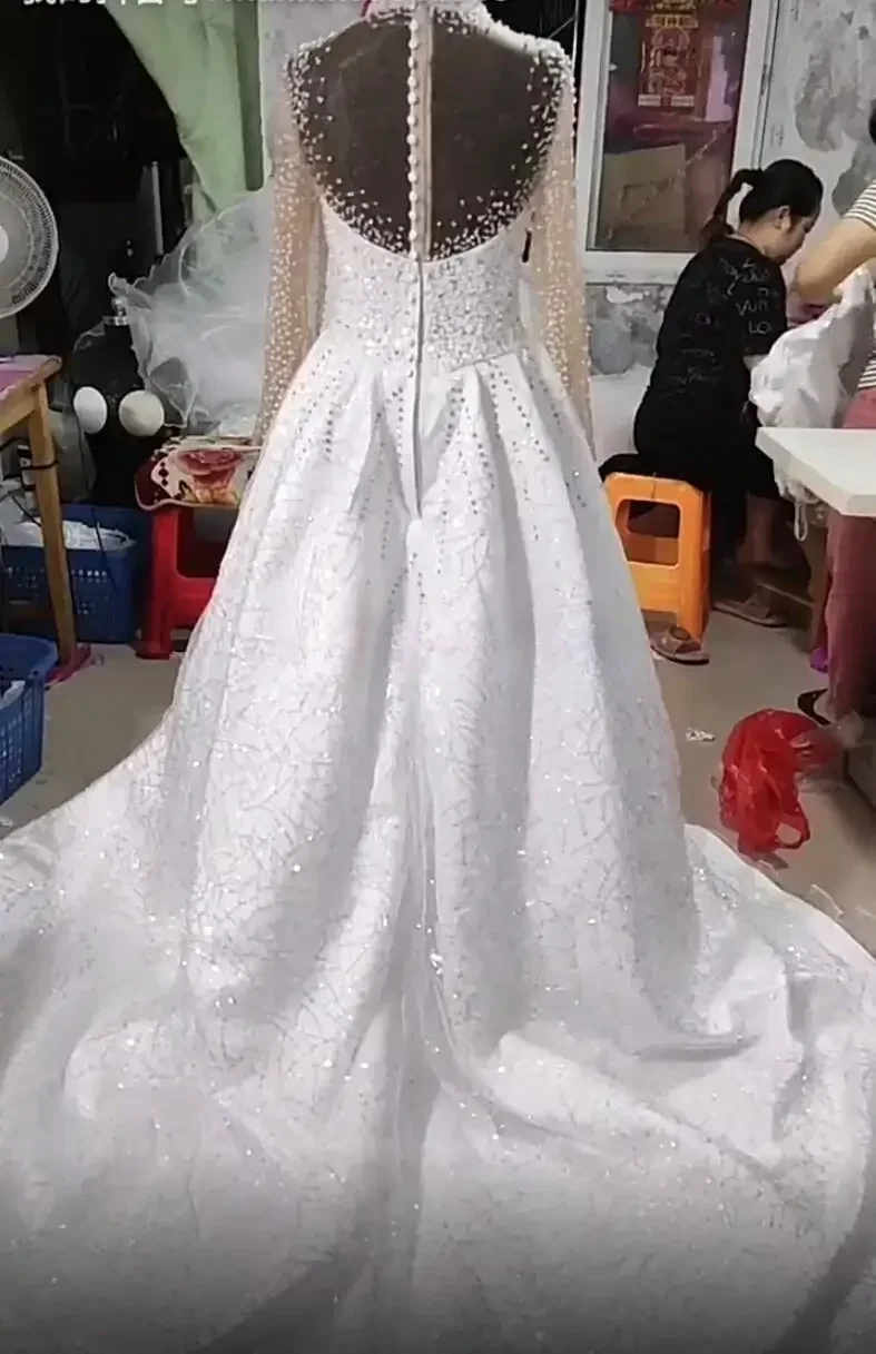 Vestido De novia De sirena con lentejuelas y cuentas brillantes personalizado, vestido De novia De lujo con tren desmontable De África, vestido De novia De manga larga