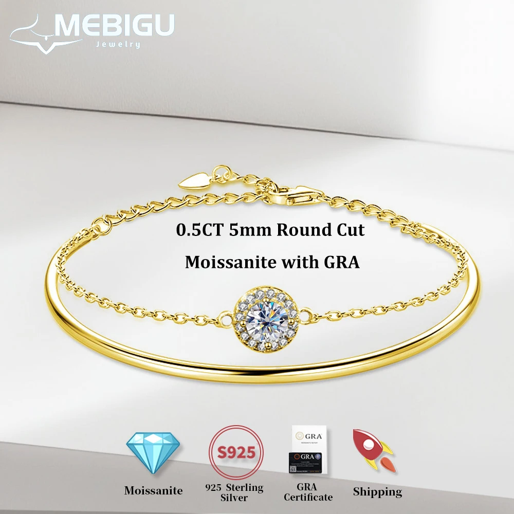 

Mebigu 2-слойный браслет-манжета круглой огранки 0,5 карата 5 мм с муассанитом для женщин D Цвет 925 Серебряный браслет-цепочка на руку Регулируемый GRA