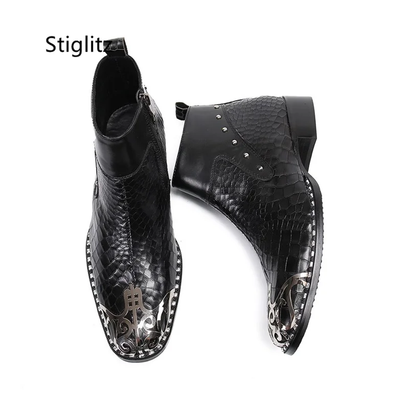 

Metal Decor Black Leather Boots for Men Trendy Round Head Men's Short Boots Zip Office Dress Ankle Boots Big Size 47 Male Shoes