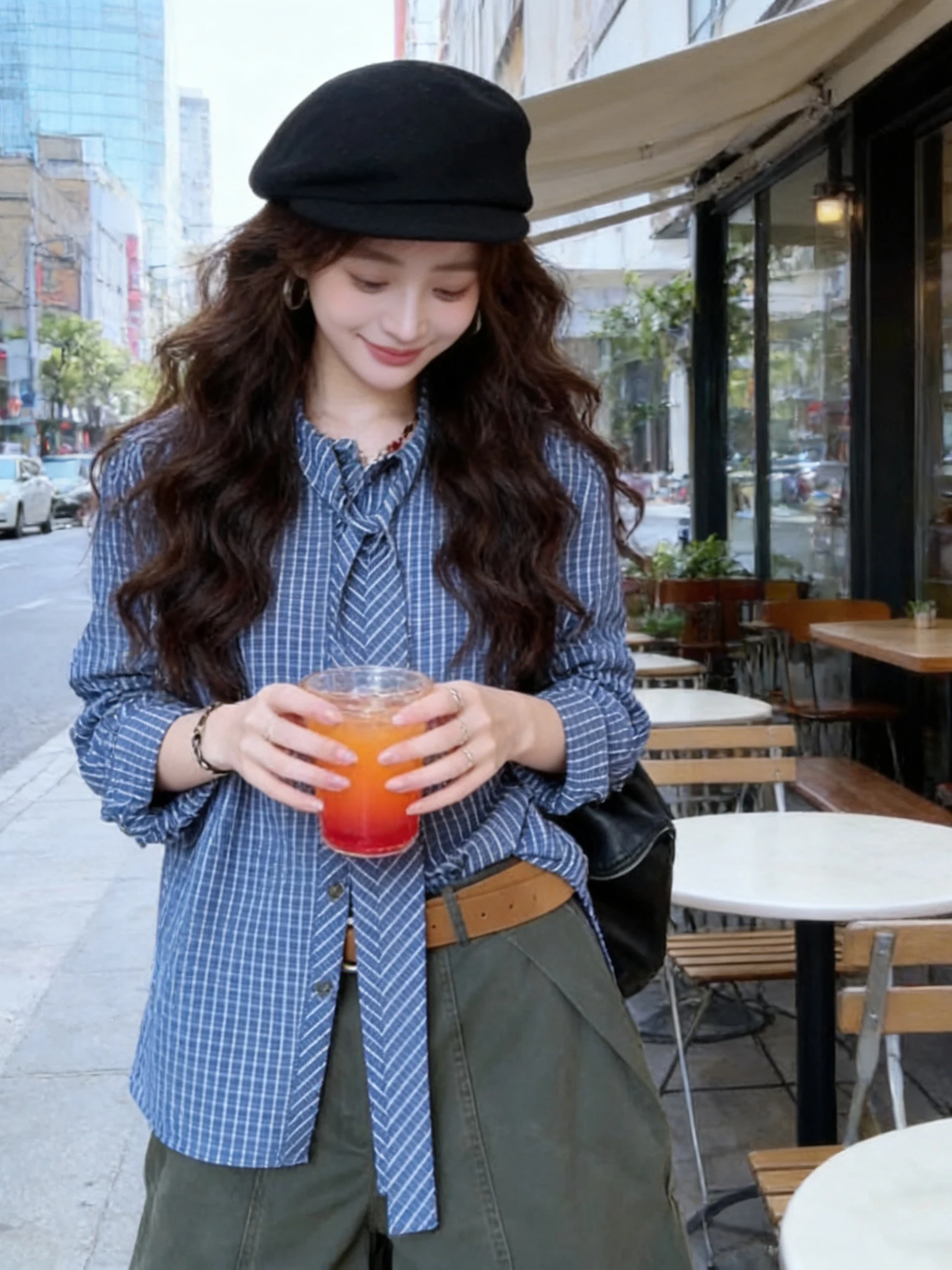 

Blue Plaid Long Sleeve Shirt Women's Loose Fit Stand Collar Tie Design Spring Autumn College Style Slimming French Style Shirt