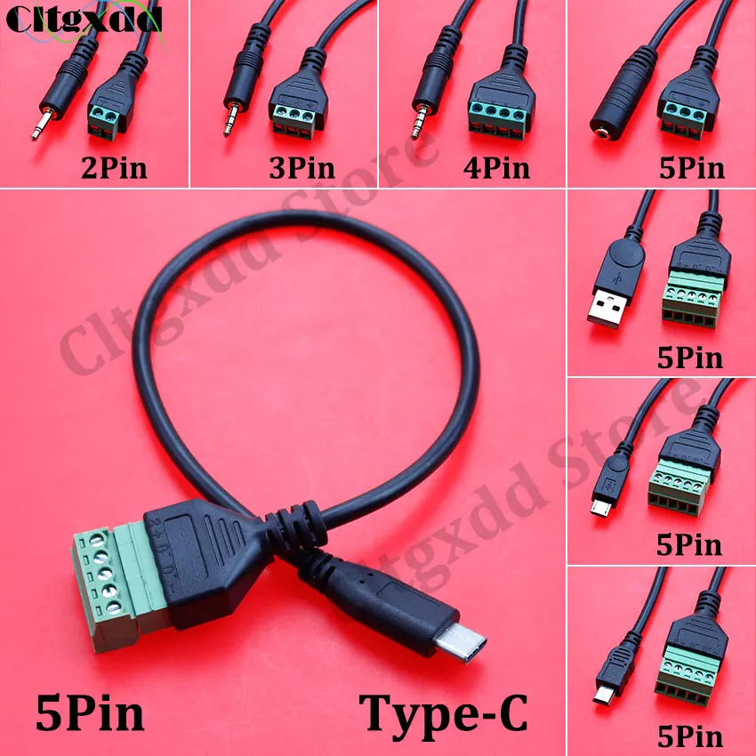 3.5mm Mono Stereo Micro Mini USB 2.0 Type-C Male to 5 Pin Female Bolt Screw Connector with Shield Terminal Plug Adapter Cable