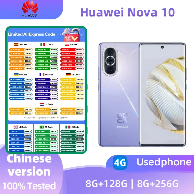 Huawei Nova 10 Mobile Phone HarmonyOS 2 Octa Core 120Hz 4000mAh 66W Snapdragon 778G 50MP Smart Original Used Phone