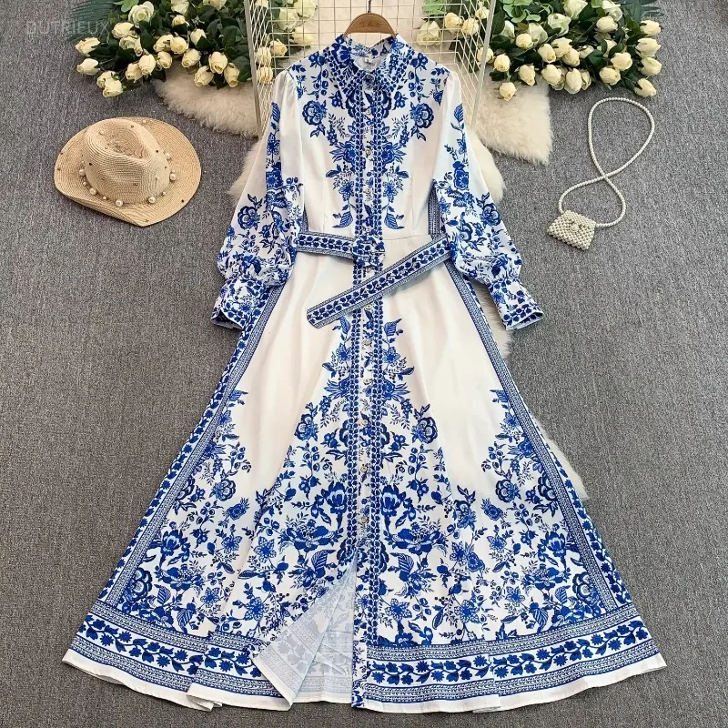 Maxi Dresses Women Print Lantern Sleeve Vintage Spring Autumn Vestidos Mujer Fashion Elegant A-line Long Dress