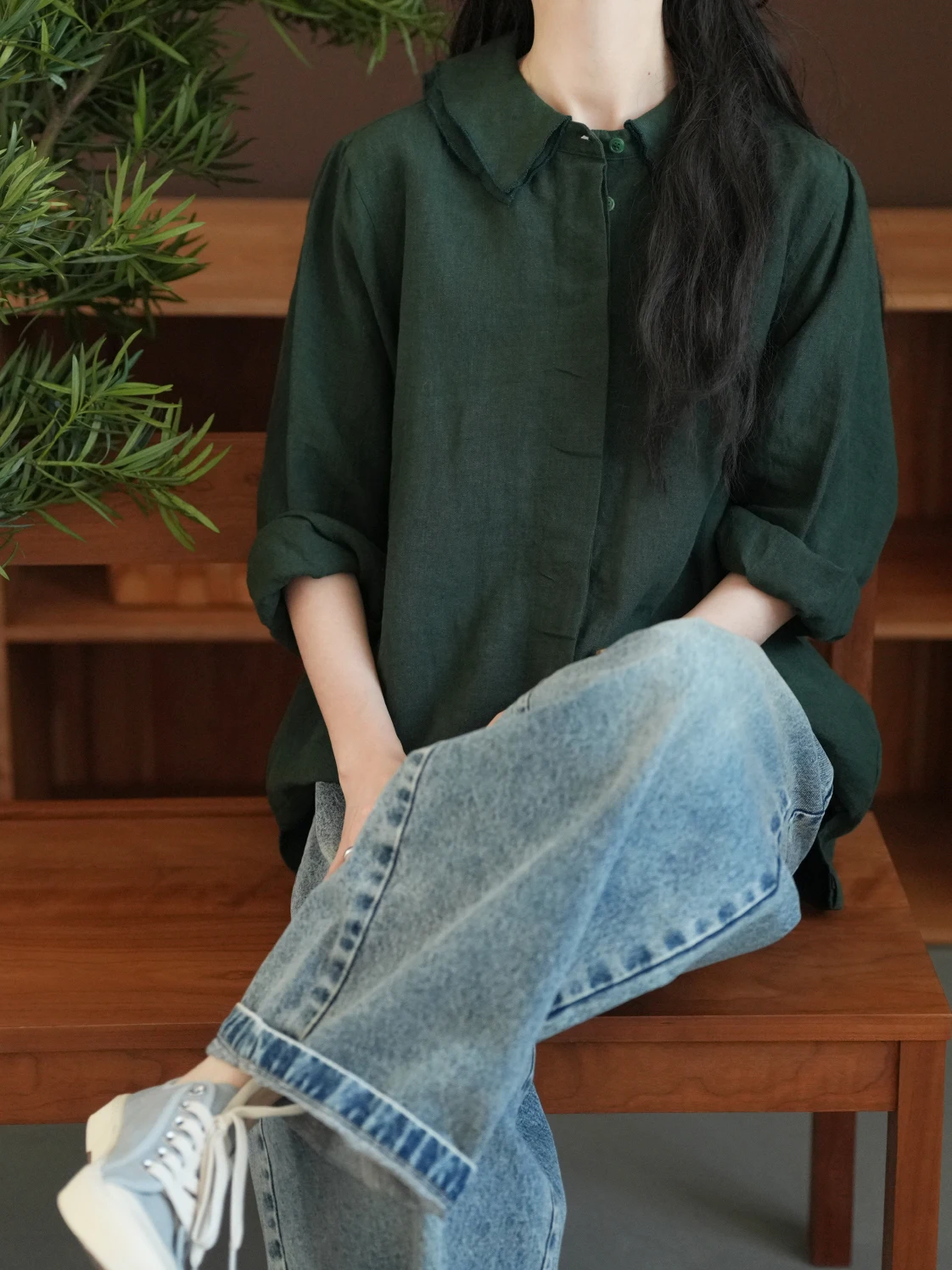 

Женская свободная рубашка Lrcp из чистого льна с двойным кружевным воротником, дышащая, комфортная, для делового повседневного стиля, весна-осень