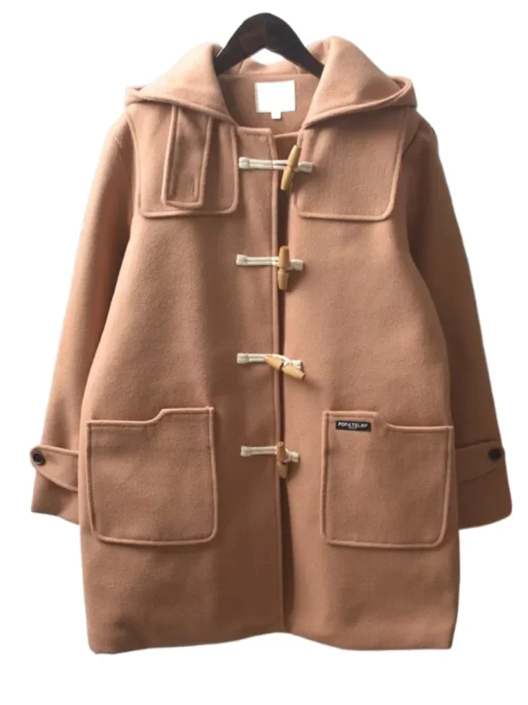 Chaqueta de lana Harajuku suave para niña, abrigos cálidos con parches de letras Retro, bolsillos grandes, hebilla de capó, Abrigo grueso de Tweed de algodón con capucha, 2026