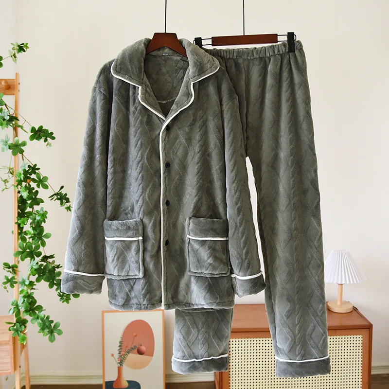 

Winter Warm Sleep Suit Warm Loungewear Soft Flannel Pajamas Suit Loose Nightwear Couple Home Clothes Long Sleeve Trousers Set