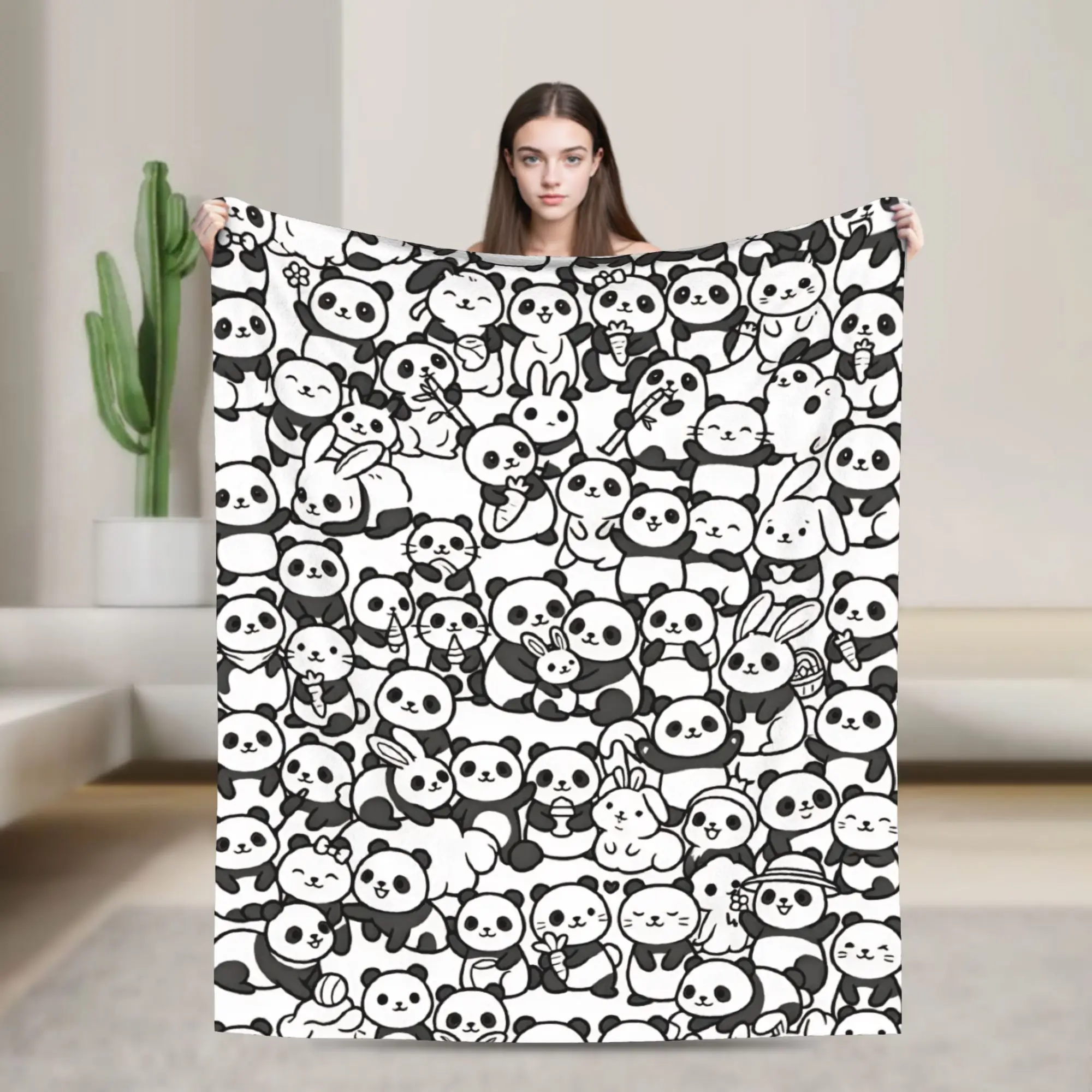 Cute Panda And Rabbit Doodle Pattern Line Art Blanket Winter  Warm Comfy Throw Blanket For Girl Home Flannel Bedspread Bed Cover