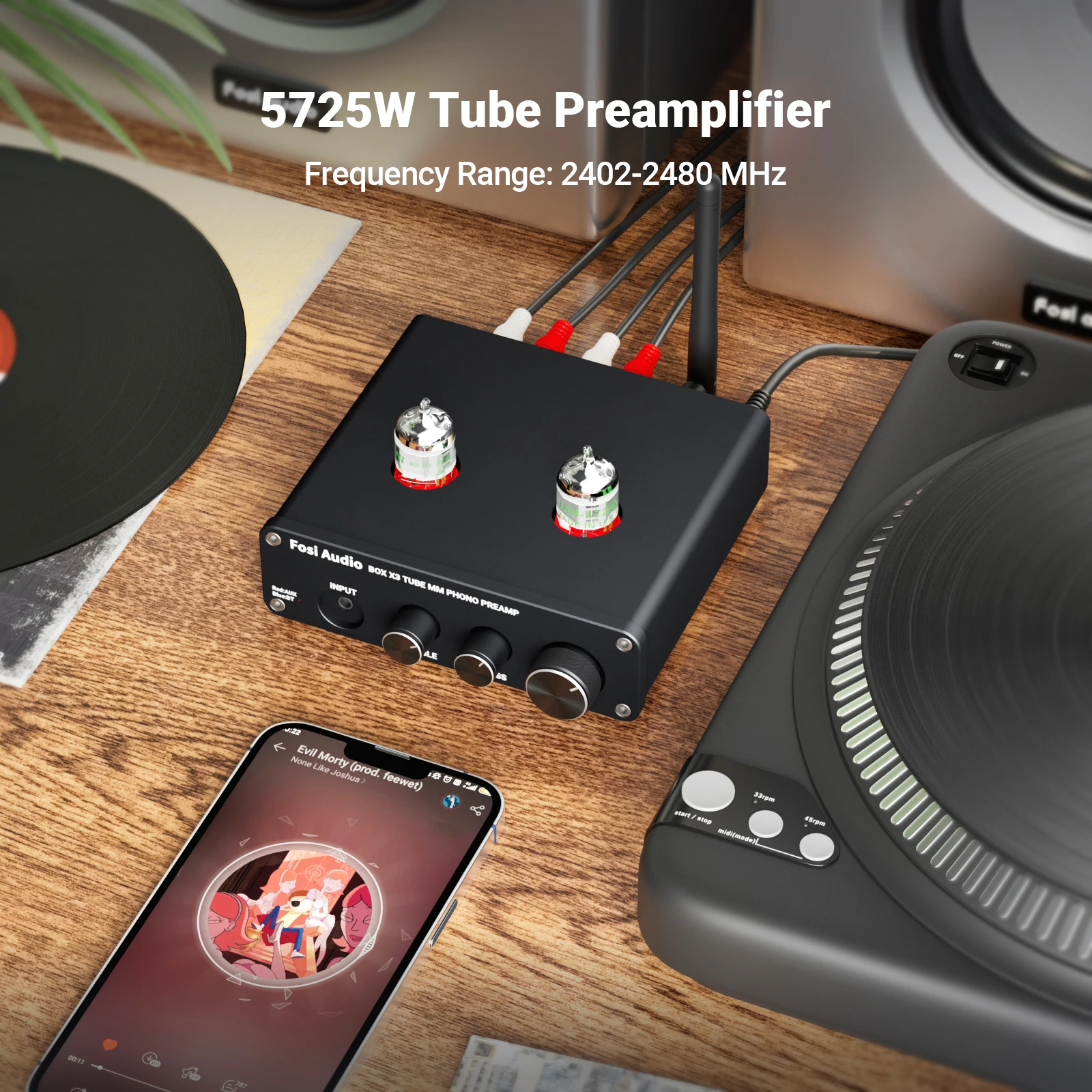 5725W 진공관 증폭기 HiFi BOX X3이 장착된 턴테이블 축음기 프리앰프용 Fosi 오디오 Bluetooth 포노 프리앰프