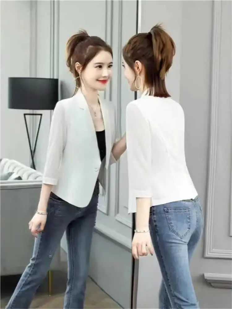 بدلة نسائية خارجية صيفية رفيعة من ort Jaet خفيفة الوزن للحماية من الشمس من الشيفون بأزرار علوية وتفاصيل سبعة Sve طويلة #2