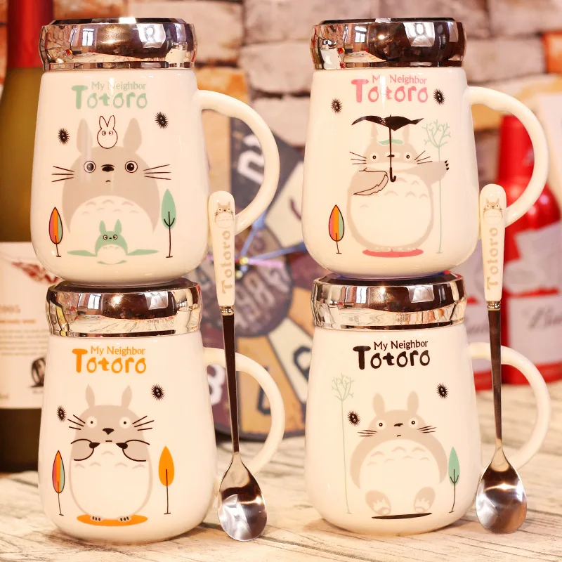 Kawaii My Neighbor Totoro Ceramic Cup Creative Mirror Cup Lid Coffee Cup Large Capacity Anime Cartoon Couple Big Belly Mug gift